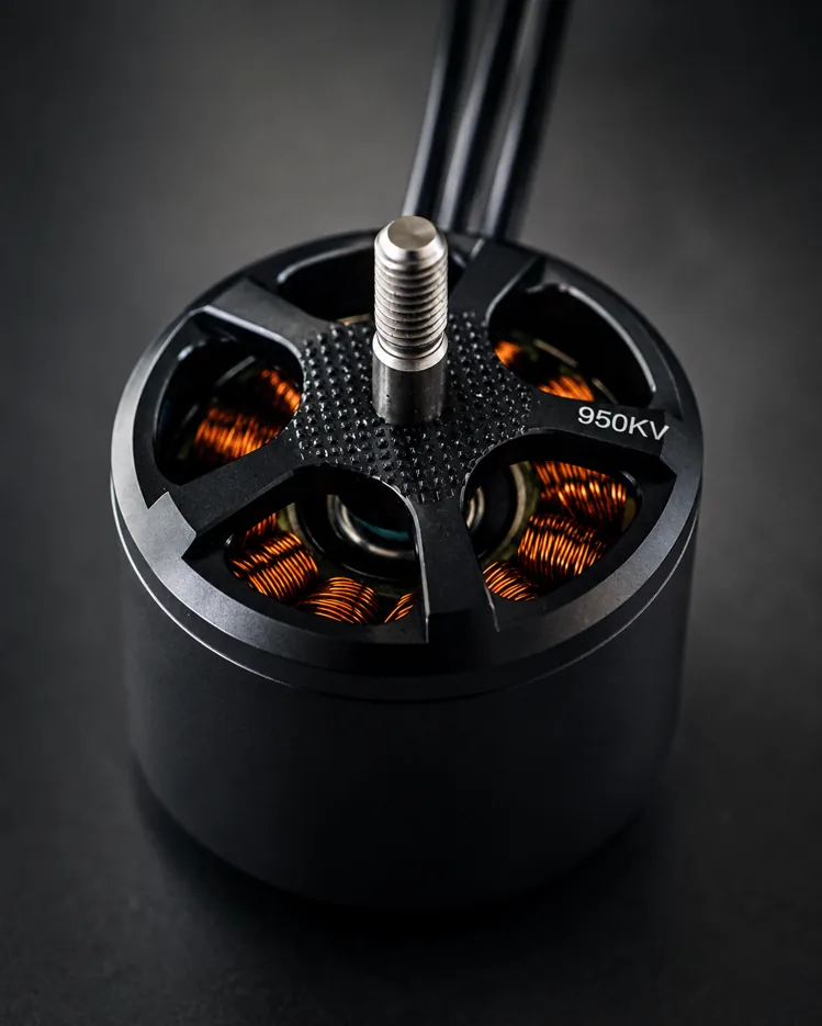 Midguard 3220 pre-production BLDC outrunner motor marked 950 KV, showing the stator windings, shaft and phase wires